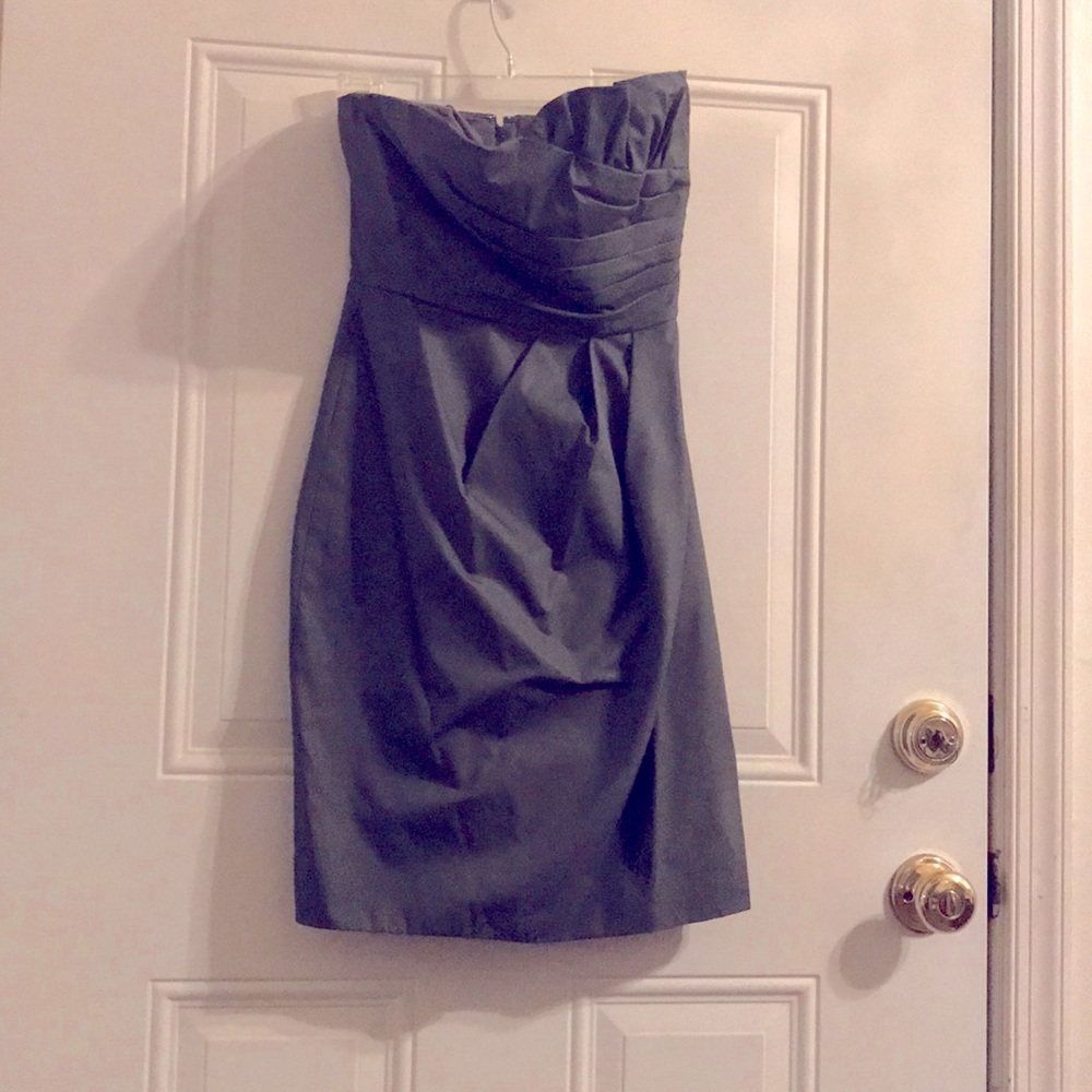Gray, strapless, formal dress